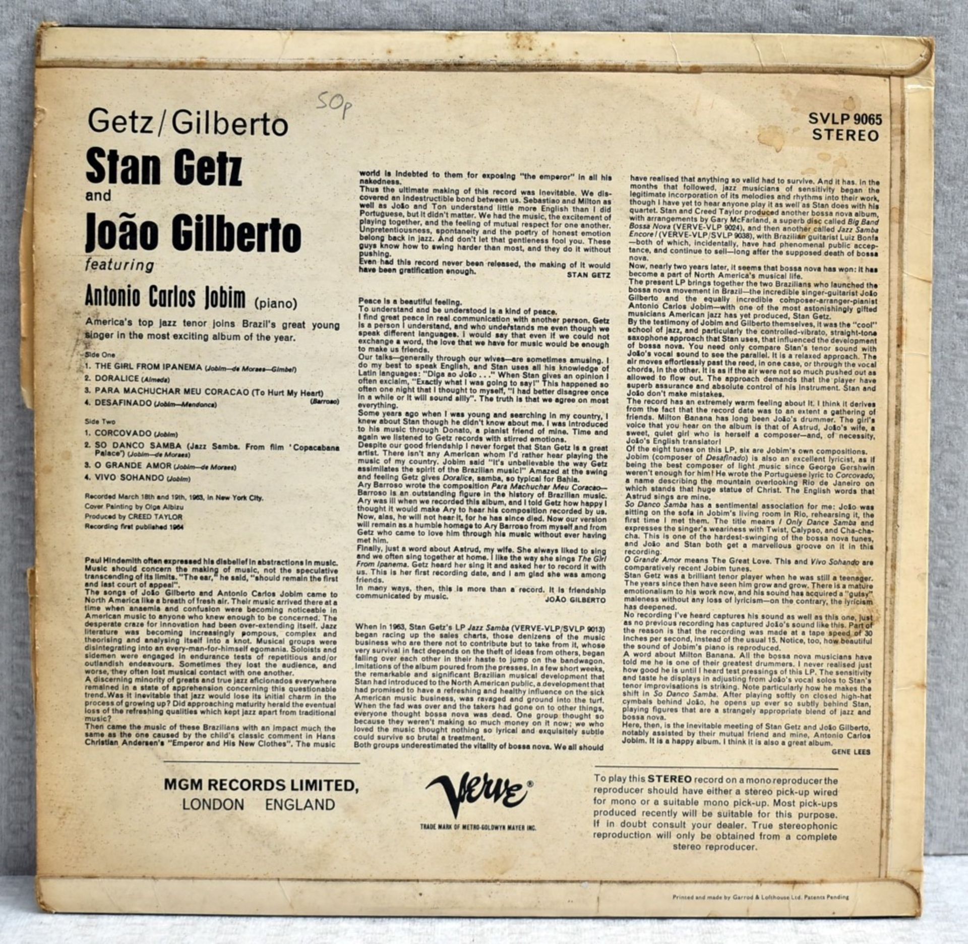 1 x GETZ / GILBERTO by Stan Getz and Joao Gilberto VERVE Records 1964 2 Sided 12 Inch Vynil - Ref: - Image 7 of 15