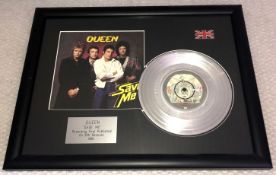 1 x Queen 'Save Me' Silver 7 Inch Vinyl - Mounted and Presented in Black Frame - Ref: RNR4007 -