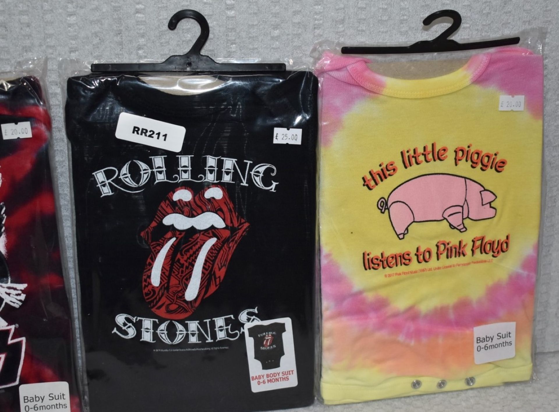 4 x Rock n Roll Themed Baby Suits - For Ages 0-6 Months - Features Pink Floyd, Kiss and Rolling - Image 3 of 4