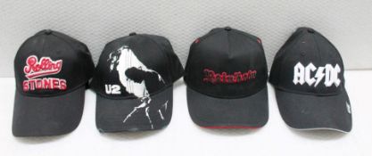 4 x Assorted Baseball Cap Featuring ACDC, Rolling Stones, Rainbow and U2 - Colour: Black - One Size