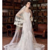 1 x LUSAN MANDONGUS Elegant Strapless Lace Fit & Flare Designer Wedding Dress RRP £2,250 UK 12