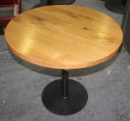 2 x Solid Oak Round Restaurant Dining Tables - Natural Rustic Knotty Oak Tops With Black Cast Iron