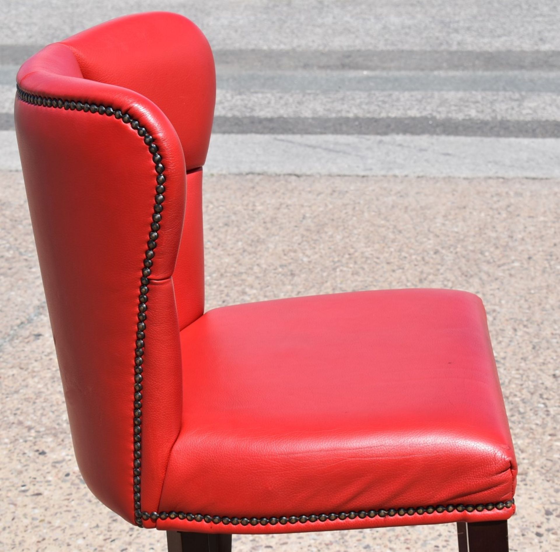 4 x Bar Stools Featuring Genuine Red Leather Studded Wingack Seats, Wooden Sloped Legs and Footrests - Image 6 of 12