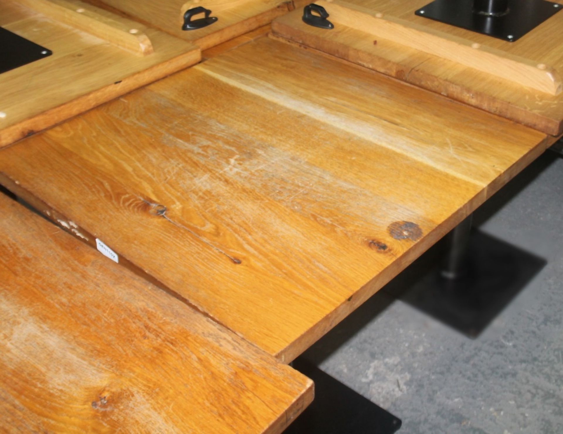 4 x Solid Oak Restaurant Dining Tables - Natural Rustic Knotty Oak Tops With Black Cast Iron Bases - Image 8 of 8