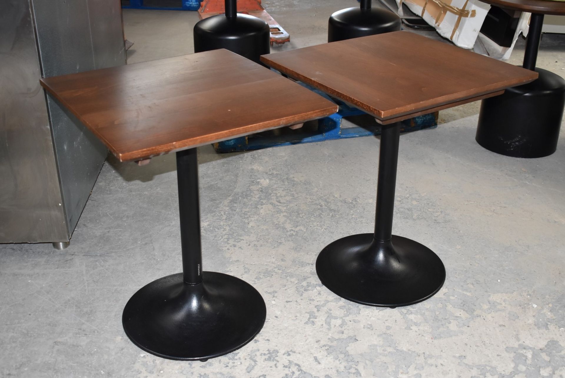 14 x Commercial Restaurant Tables Features Large Black Pedestals and Dark Stained Wooden Tops - Image 22 of 23