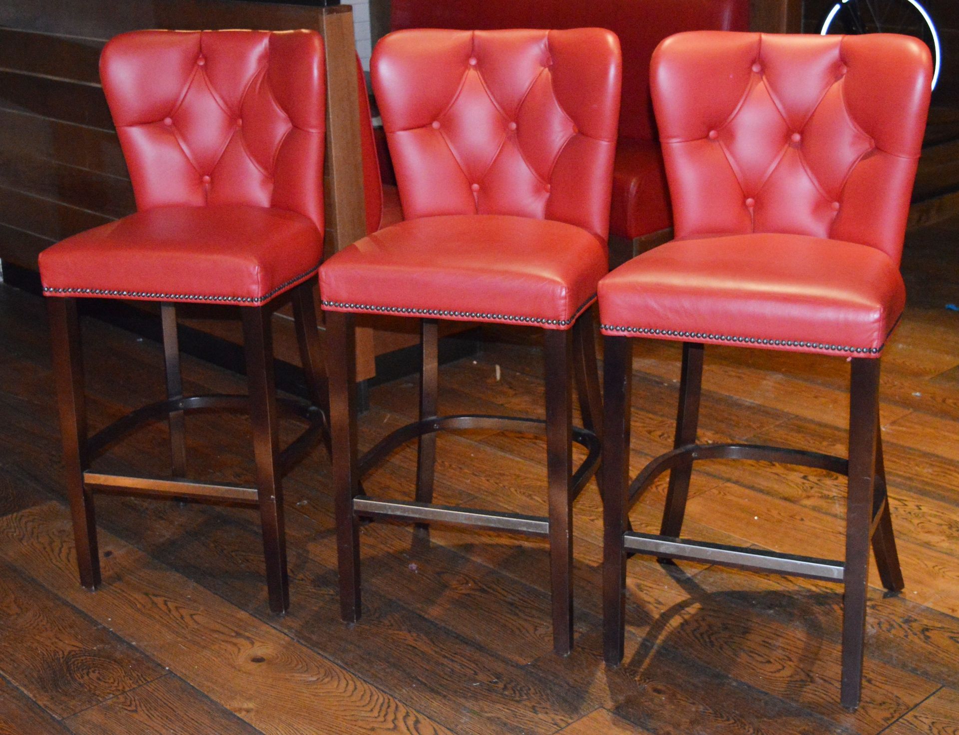 4 x Bar Stools Featuring Genuine Red Leather Studded Wingack Seats, Wooden Sloped Legs and Footrests - Image 2 of 12