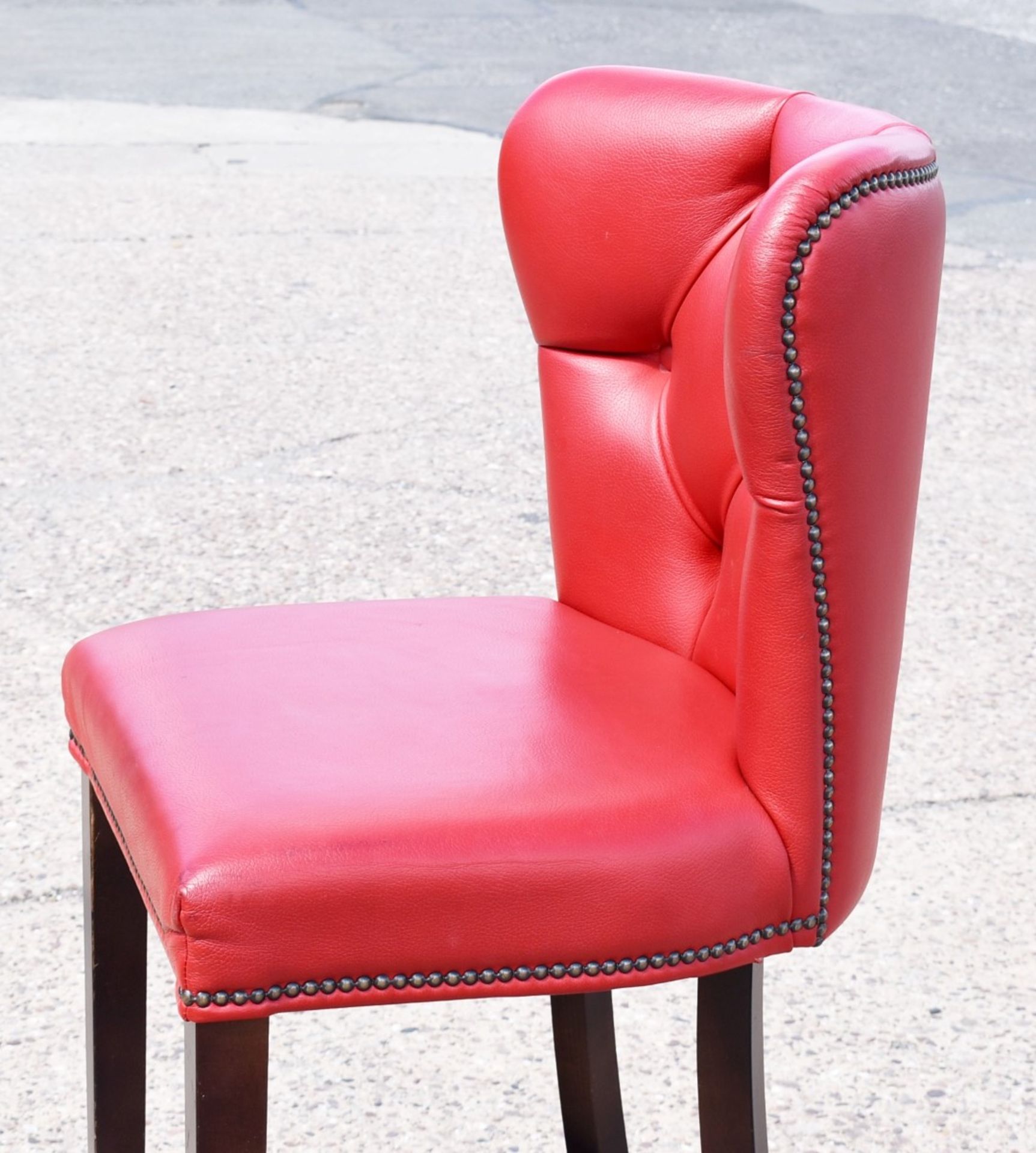 4 x Bar Stools Featuring Genuine Red Leather Studded Wingack Seats, Wooden Sloped Legs and Footrests - Image 10 of 12