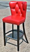 4 x Bar Stools Featuring Genuine Red Leather Studded Wingack Seats, Wooden Sloped Legs and Footrests