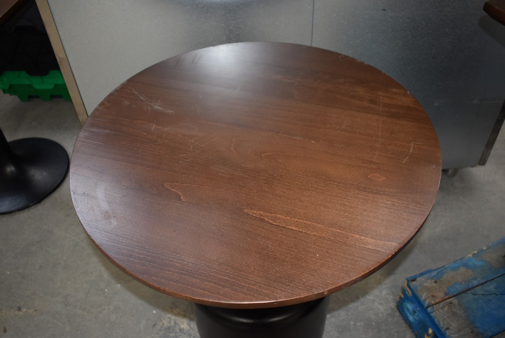 14 x Commercial Restaurant Tables Features Large Black Pedestals and Dark Stained Wooden Tops - Image 14 of 23