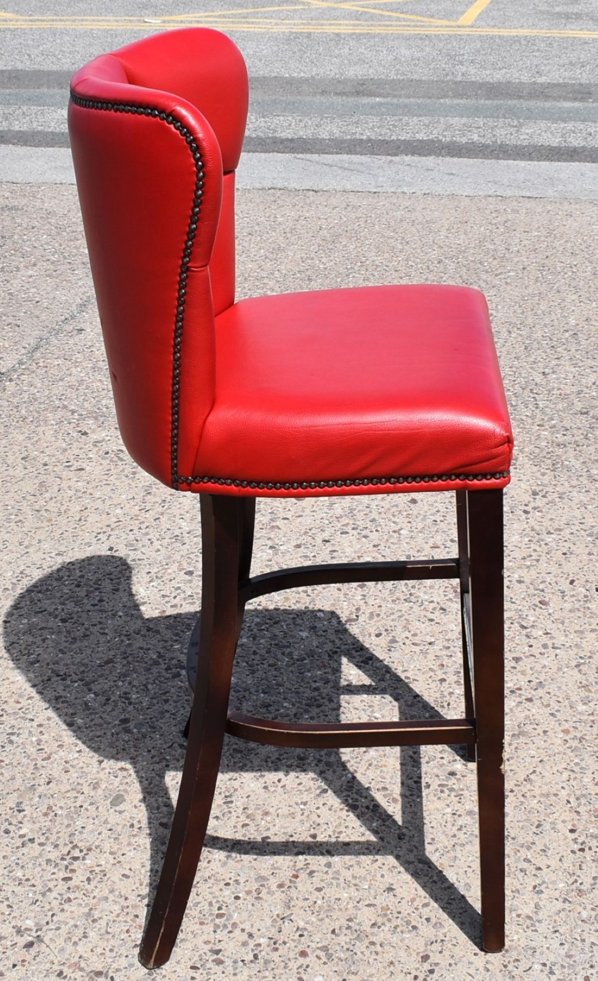 4 x Bar Stools Featuring Genuine Red Leather Studded Wingack Seats, Wooden Sloped Legs and Footrests - Image 7 of 12