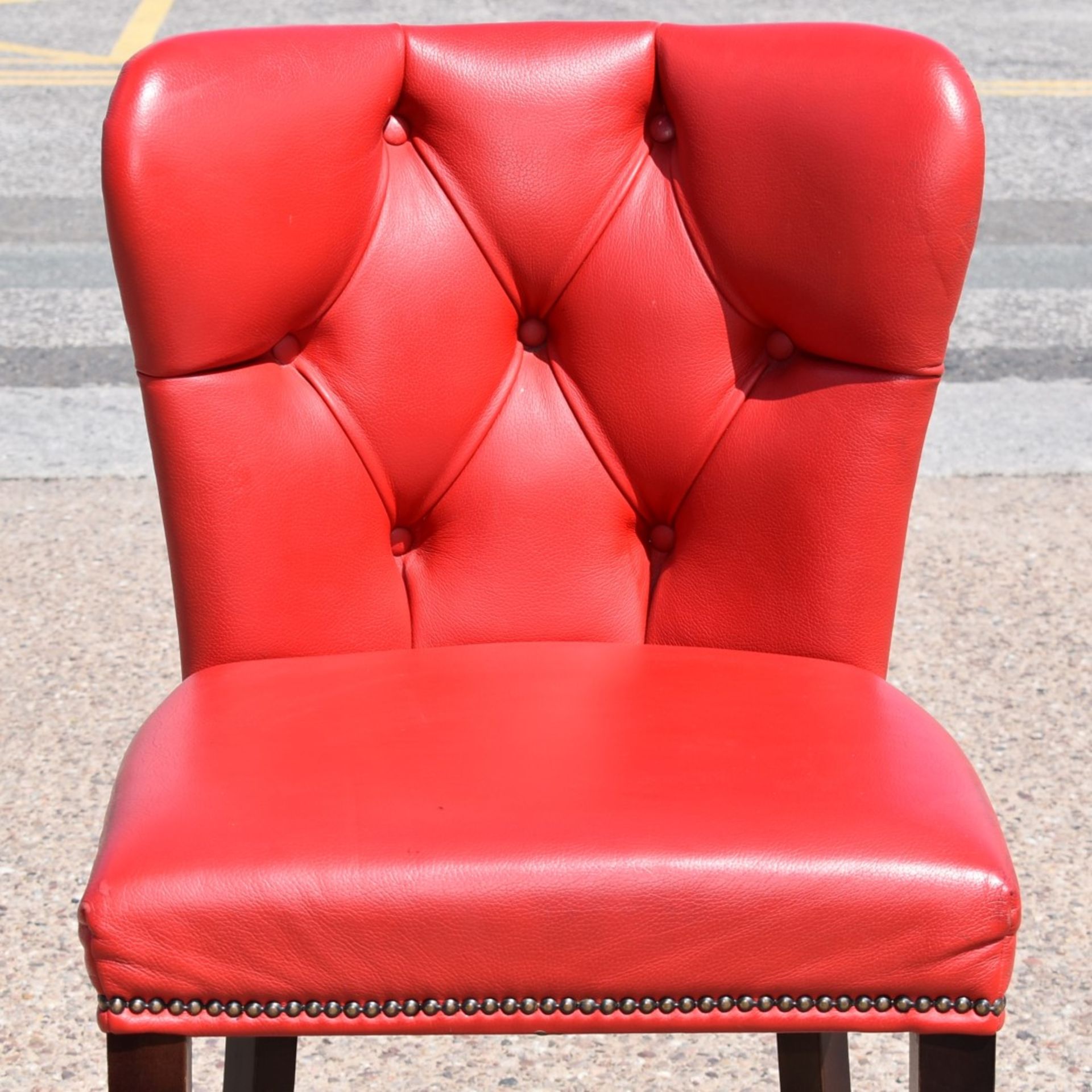 4 x Bar Stools Featuring Genuine Red Leather Studded Wingack Seats, Wooden Sloped Legs and Footrests - Image 4 of 12