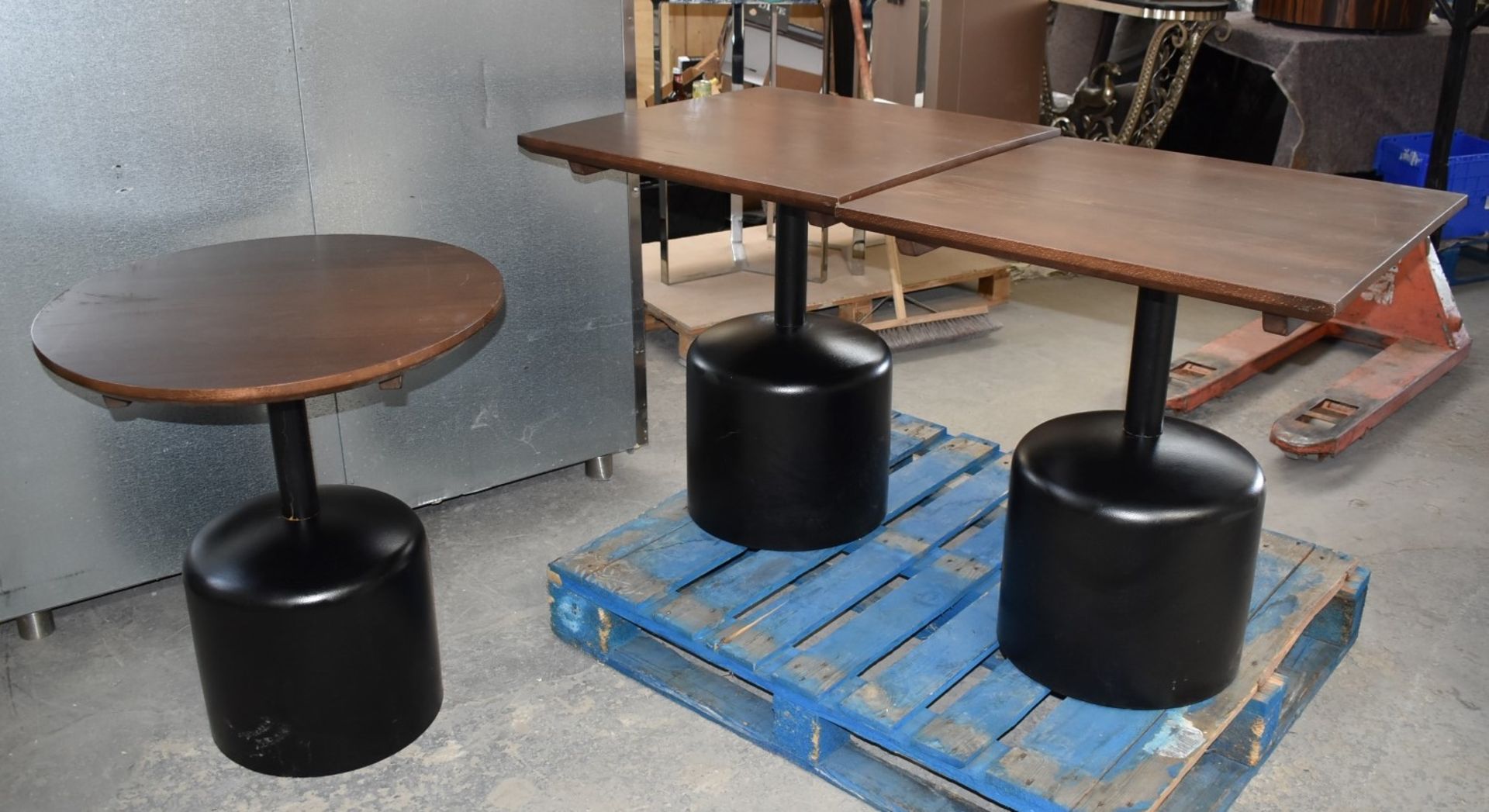 14 x Commercial Restaurant Tables Features Large Black Pedestals and Dark Stained Wooden Tops - Image 12 of 23