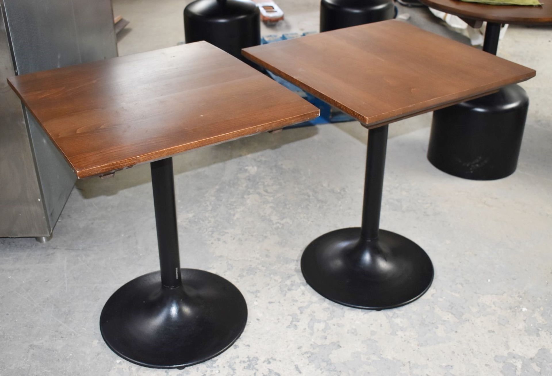 14 x Commercial Restaurant Tables Features Large Black Pedestals and Dark Stained Wooden Tops - Image 20 of 23