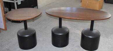 14 x Commercial Restaurant Tables Features Large Black Pedestals and Dark Stained Wooden Tops