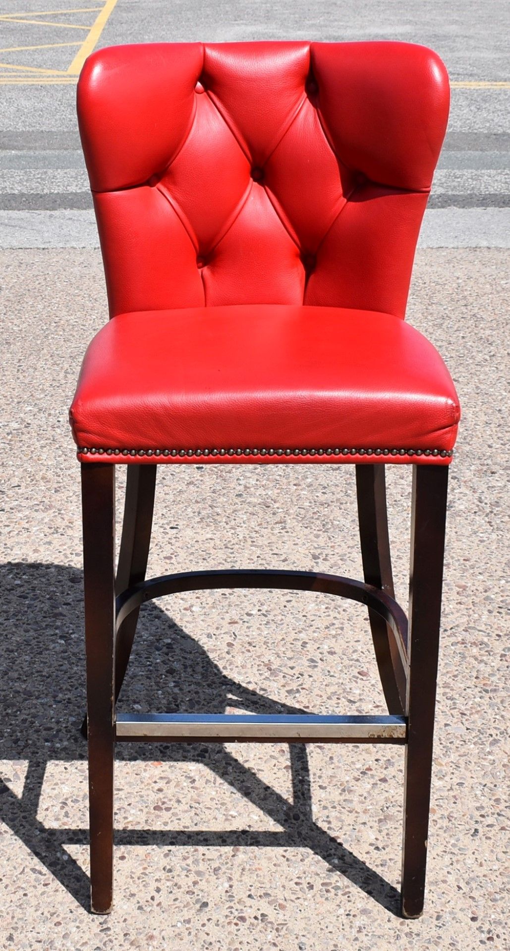 4 x Bar Stools Featuring Genuine Red Leather Studded Wingack Seats, Wooden Sloped Legs and Footrests - Image 3 of 12