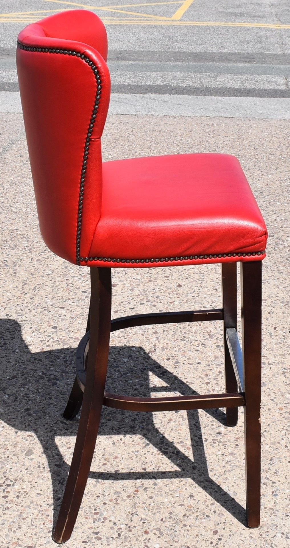 4 x Bar Stools Featuring Genuine Red Leather Studded Wingack Seats, Wooden Sloped Legs and Footrests - Image 5 of 12