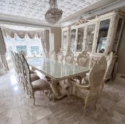 1 x EXQUISITE Handcrafted In Italy Venetian Style Dining Room Table And 12 Silk Backed Chairs