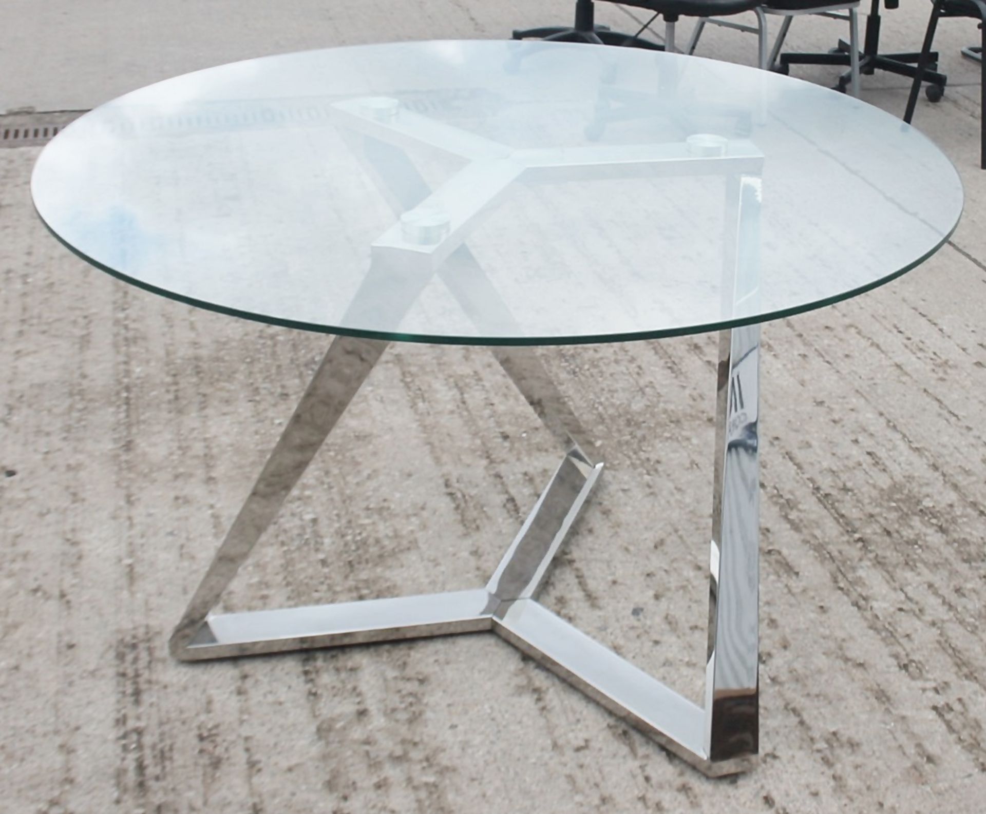 1 x Glass Topped Round Dining Tables With Angled Chrome Base - Dimensions: Ø120 x H75cm