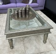 1 x Ornate Glass And Silver Tone Indian Glass Coffee Table ,  Including Silver Tray And Candle