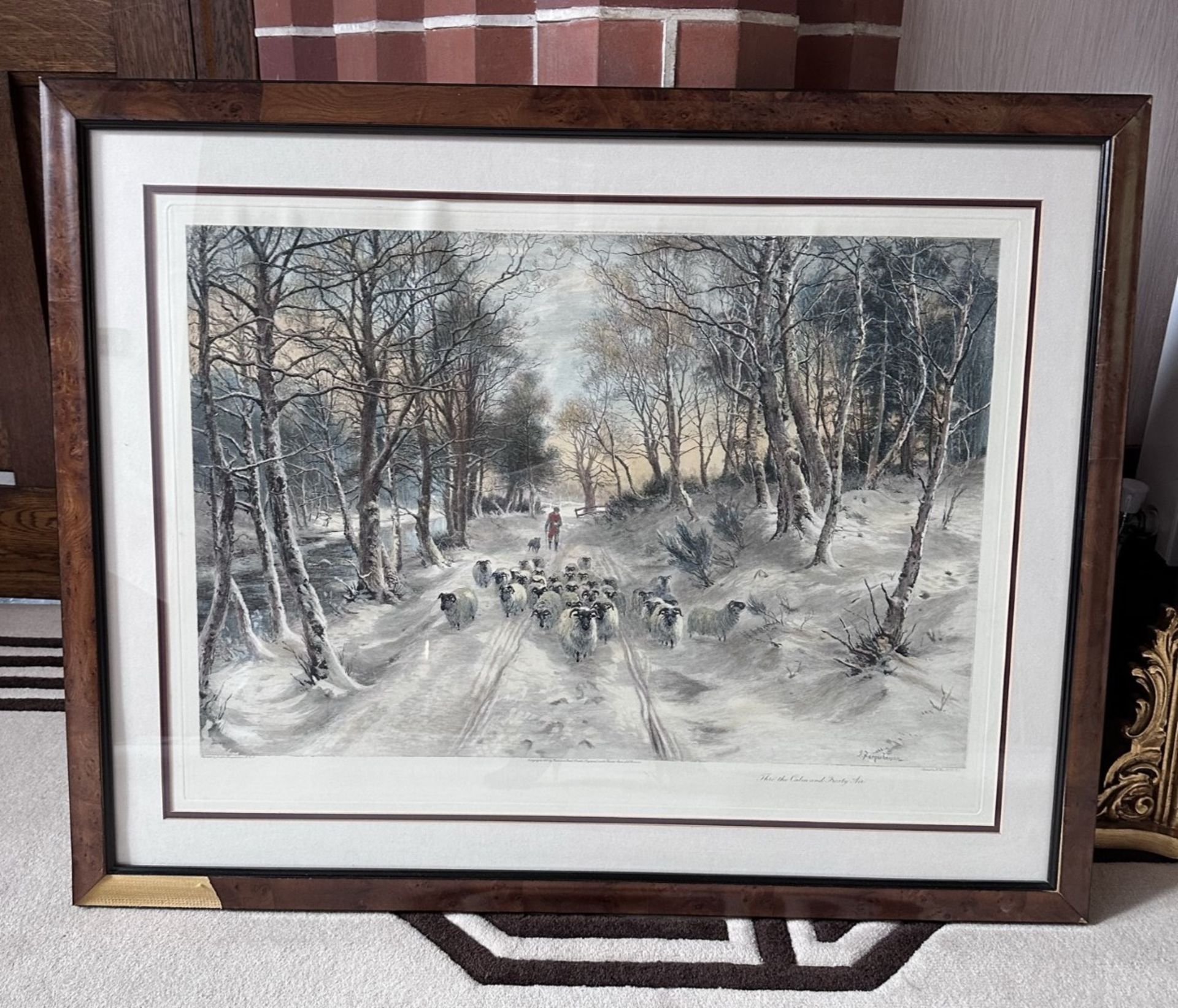 1 x Signed JOSEPH FARQUAHARSON 'Snowy Field' Print with Mahogany Wood Frame