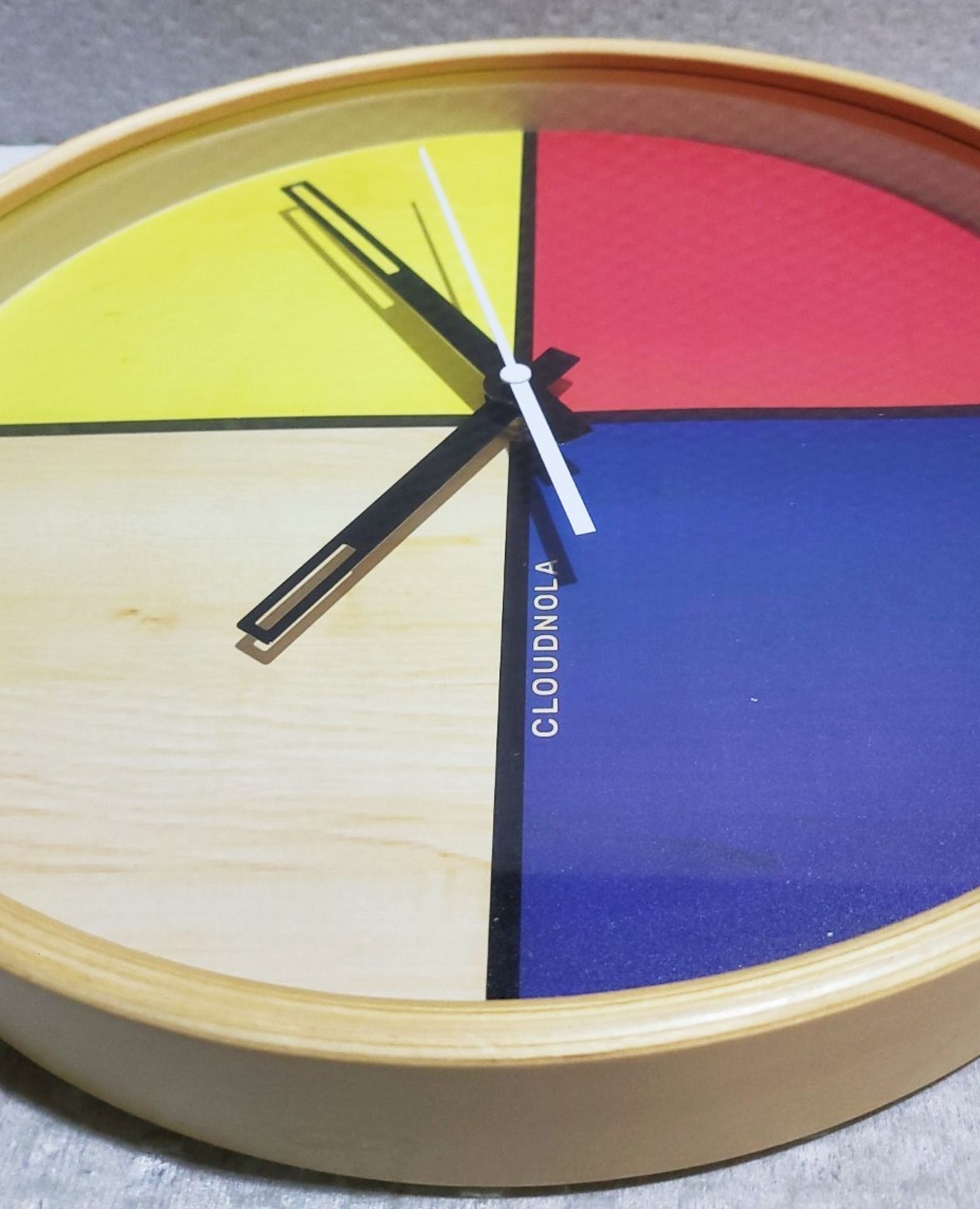 1 x CLOUDNOLA Contemporary Flur Yellow, Red, Blue & Birch Wall Clock With Offset Wooden Rim 30cm - Image 7 of 8