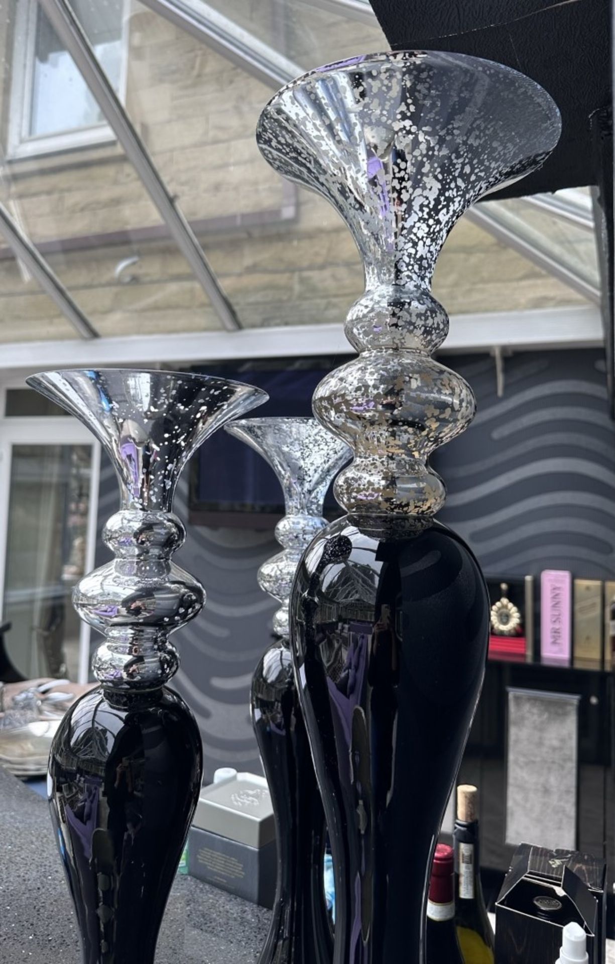 3 x  Beautiful Black Glass And Silver Candleholders - Image 4 of 7