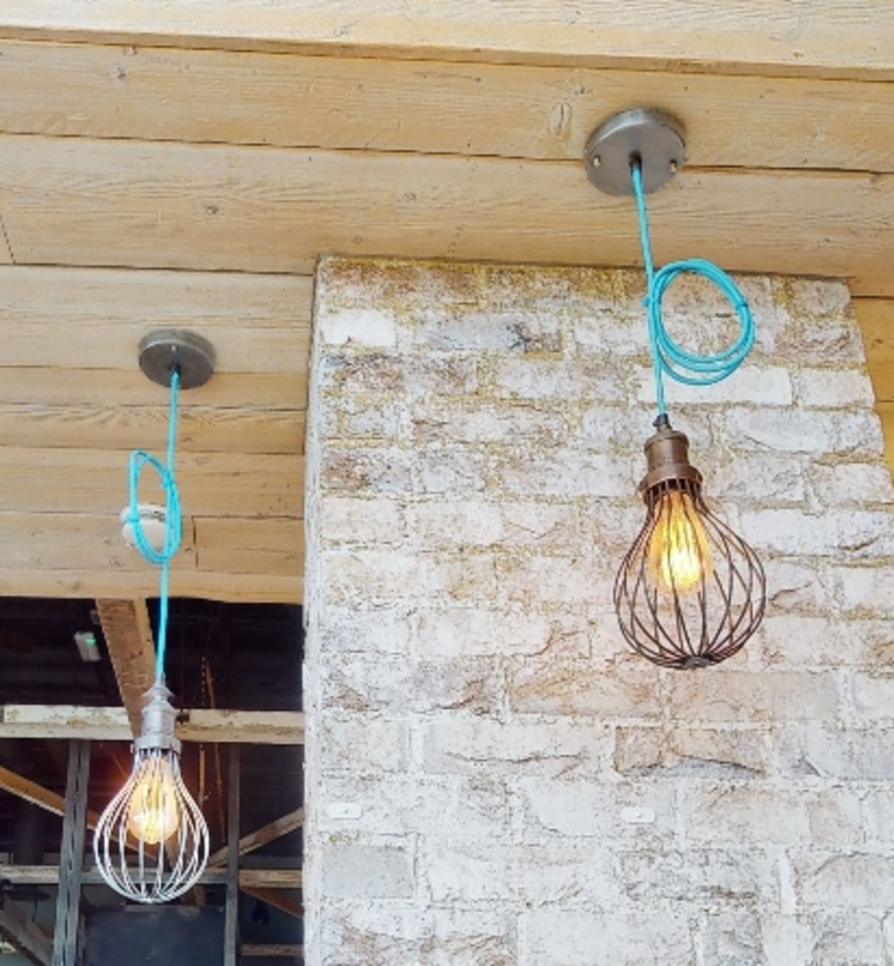 6 x Suspended Rope Lights With Blue Rope Cable, Antique Copper Cage Pendants and Ceiling Mounts - Image 4 of 7