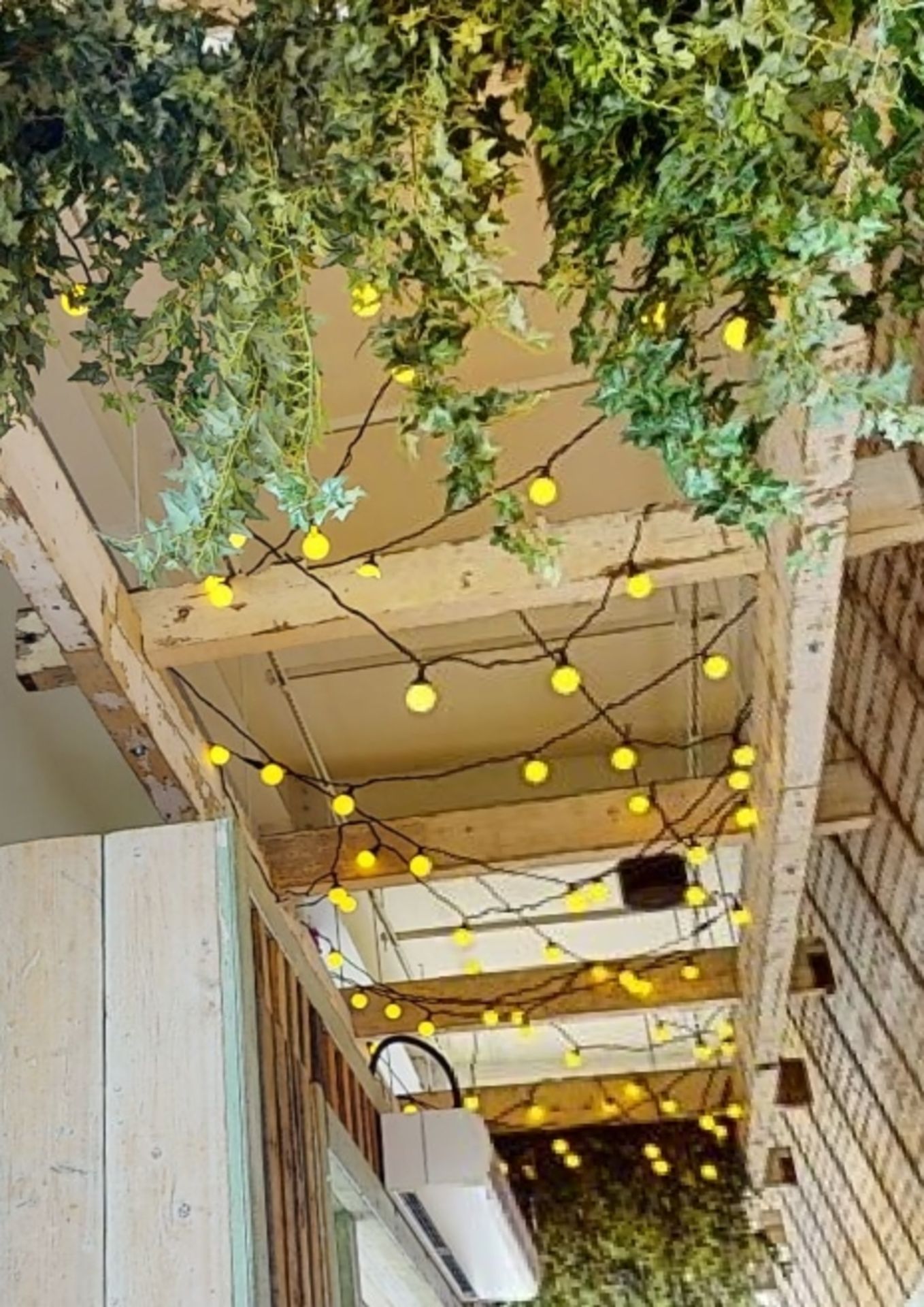 1 x Suspended Wooden Trellis With Artificial Foliage, Spotlights, String Lights and Hanging Brackets - Image 4 of 4