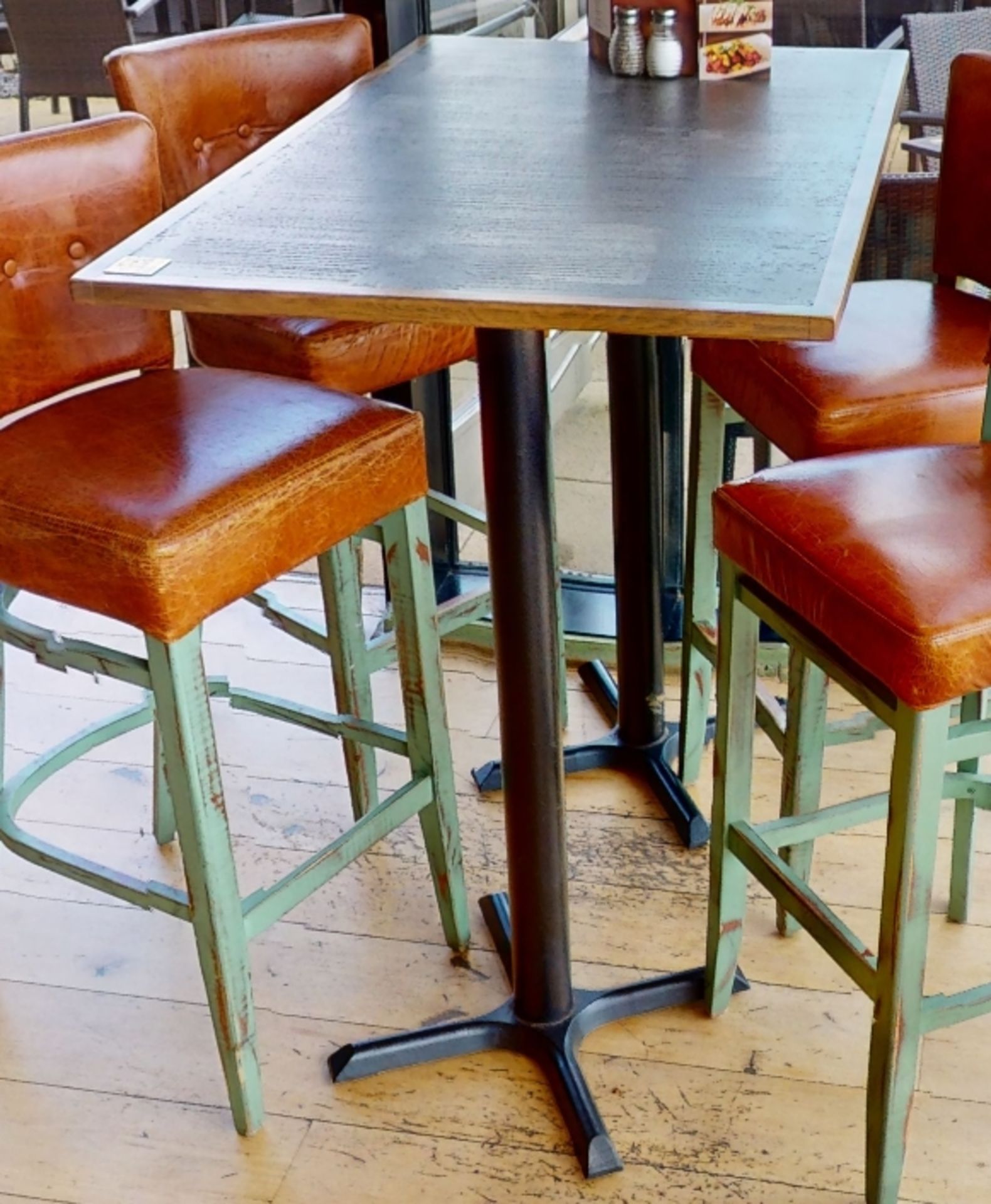 1 x Rectangular Poser Restaurant Table With Cast Iron Base and Inlaid Wooden Top