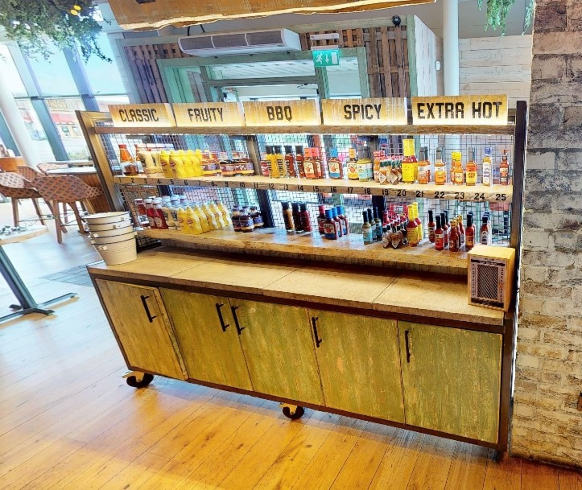 1 x Mobile Condiment Unit Featuring an Industrial Style Frame With Cage Mesh Panels, Distressed - Image 3 of 8