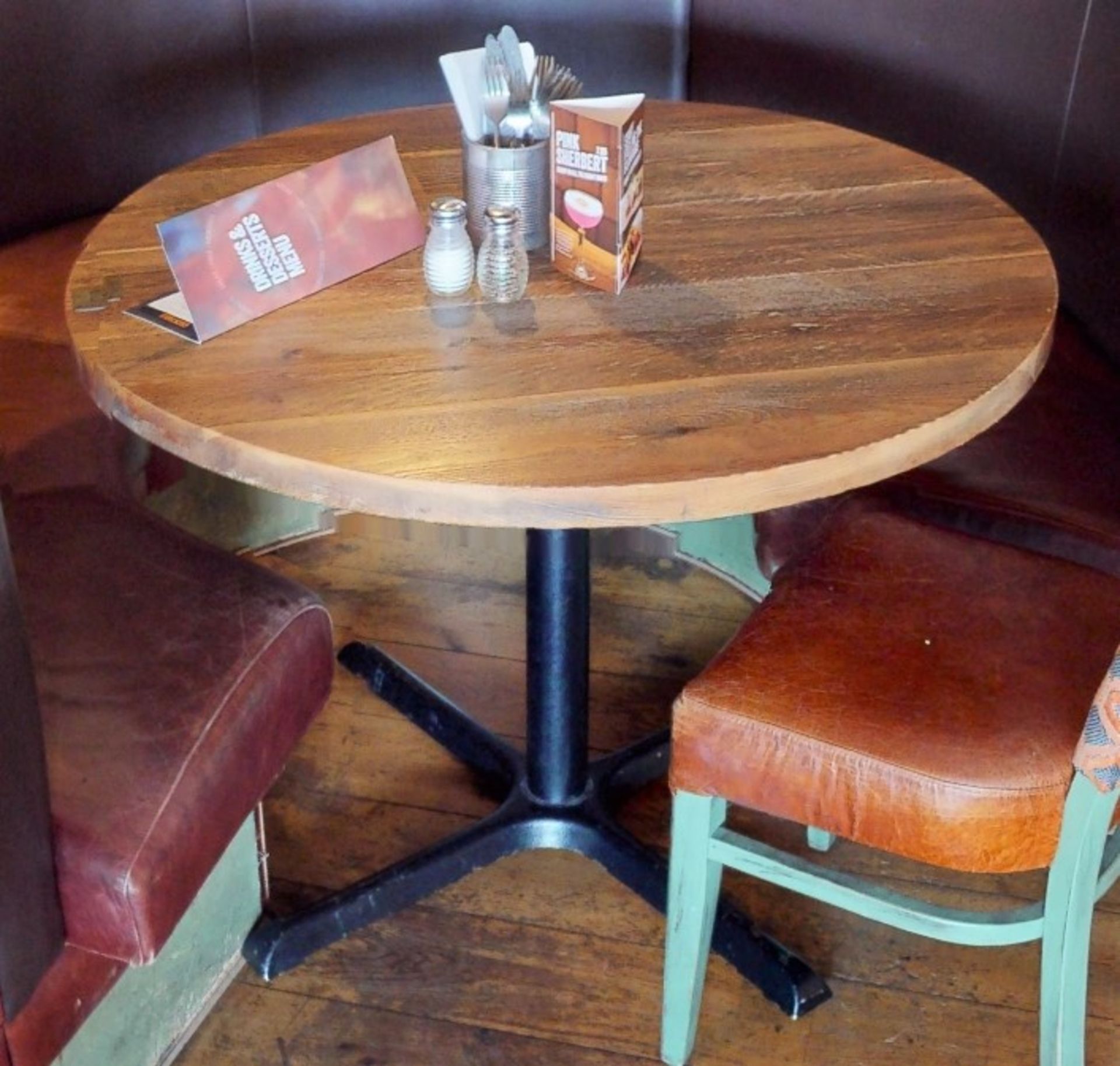 1 x Round Restaurant Dining Table With Cast Iron Base and Solid Wooden Top - 105cm Diameter