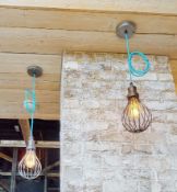 6 x Suspended Rope Lights With Blue Rope Cable, Antique Copper Cage Pendants and Ceiling Mounts