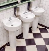 3 x Ideal White Ceramic Sink Basins With Pedestals, Saracen Push Control Taps & Two Soap Dispensers