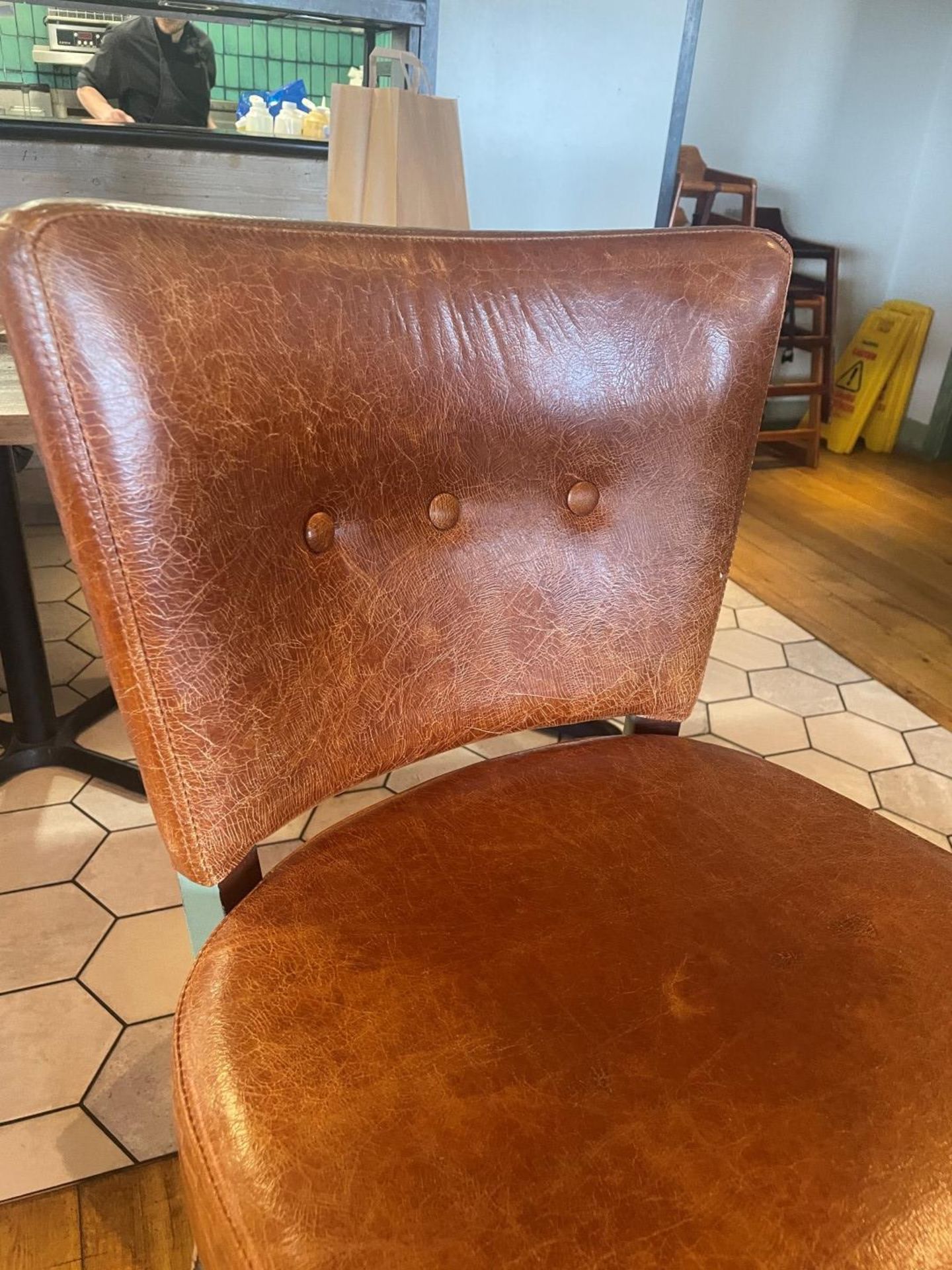 4 x Commercial Restaurant Bar Stools Featuring Wooden Frames With a Distressed Finish and Tan - Image 4 of 15