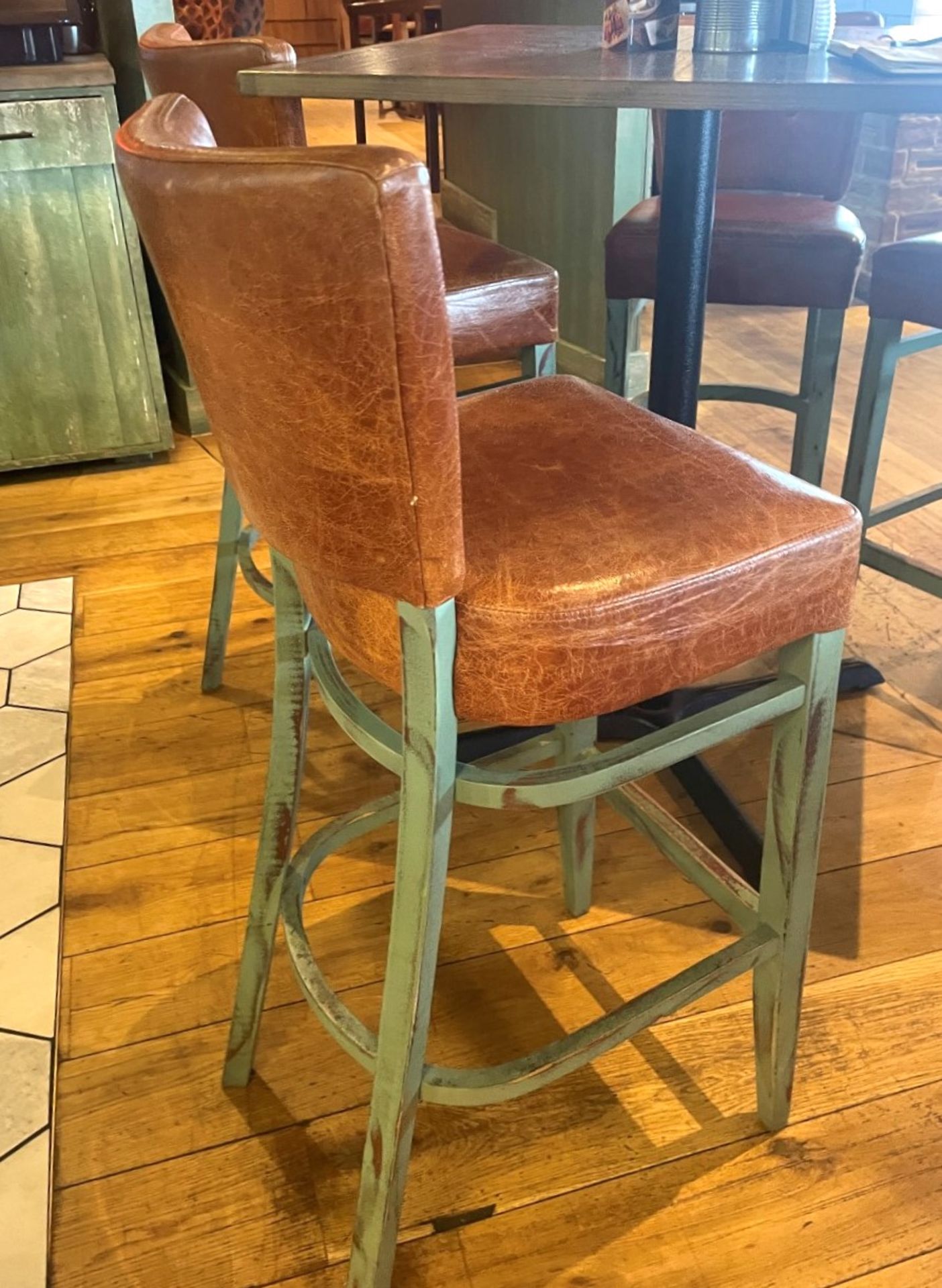 4 x Commercial Restaurant Bar Stools Featuring Wooden Frames With a Distressed Finish and Tan - Image 5 of 15