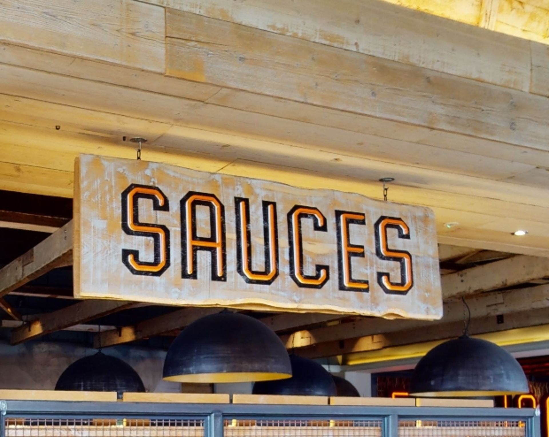 1 x Suspended Ceiling SAUCES Double Sided Signage - Natural Back to Back Wooden Slabs With Live - Image 2 of 6