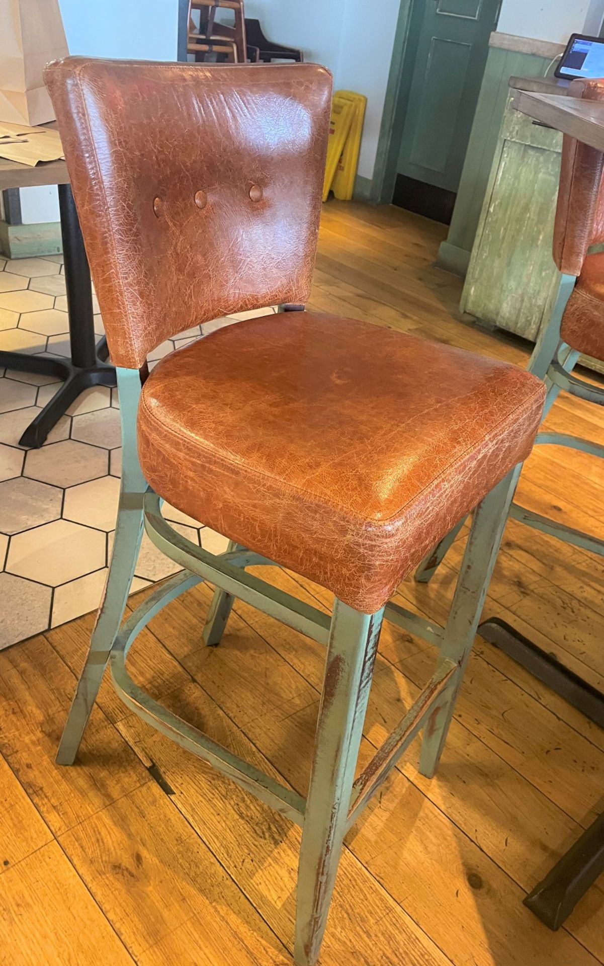 4 x Commercial Restaurant Bar Stools Featuring Wooden Frames With a Distressed Finish and Tan - Image 7 of 15