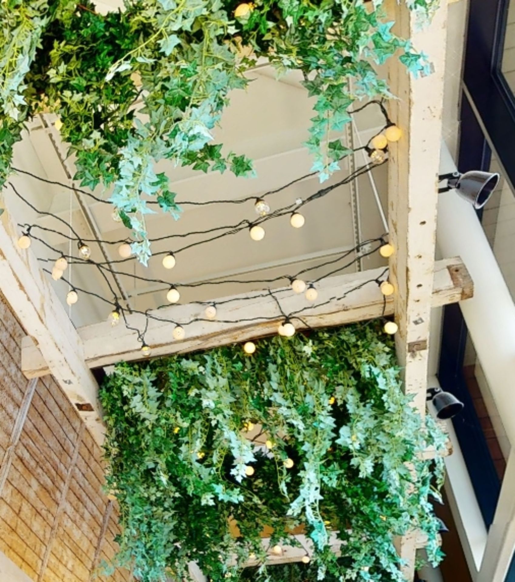 1 x Suspended Wooden Trellis With Artificial Foliage, Spotlights, String Lights and Hanging Brackets - Image 2 of 4