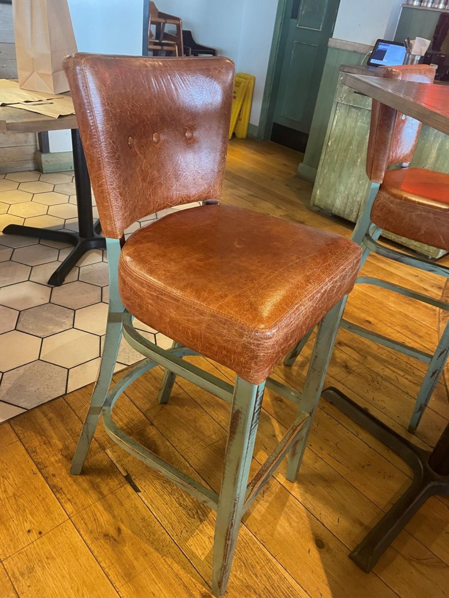 4 x Commercial Restaurant Bar Stools Featuring Wooden Frames With a Distressed Finish and Tan - Image 3 of 15