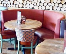 1 x Commercial Restaurant C Shaped Seating Booth Featuring Tan Leather Seat Pads and Red Fabric