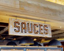 1 x Suspended Ceiling SAUCES Double Sided Signage - Natural Back to Back Wooden Slabs With Live