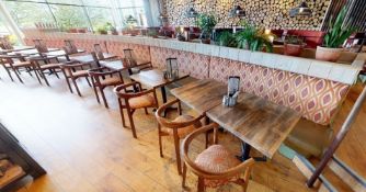 1 x Commercial Restaurant Seating Bench Featuring Brown Leather Cushioned Seats and Hard Wearing