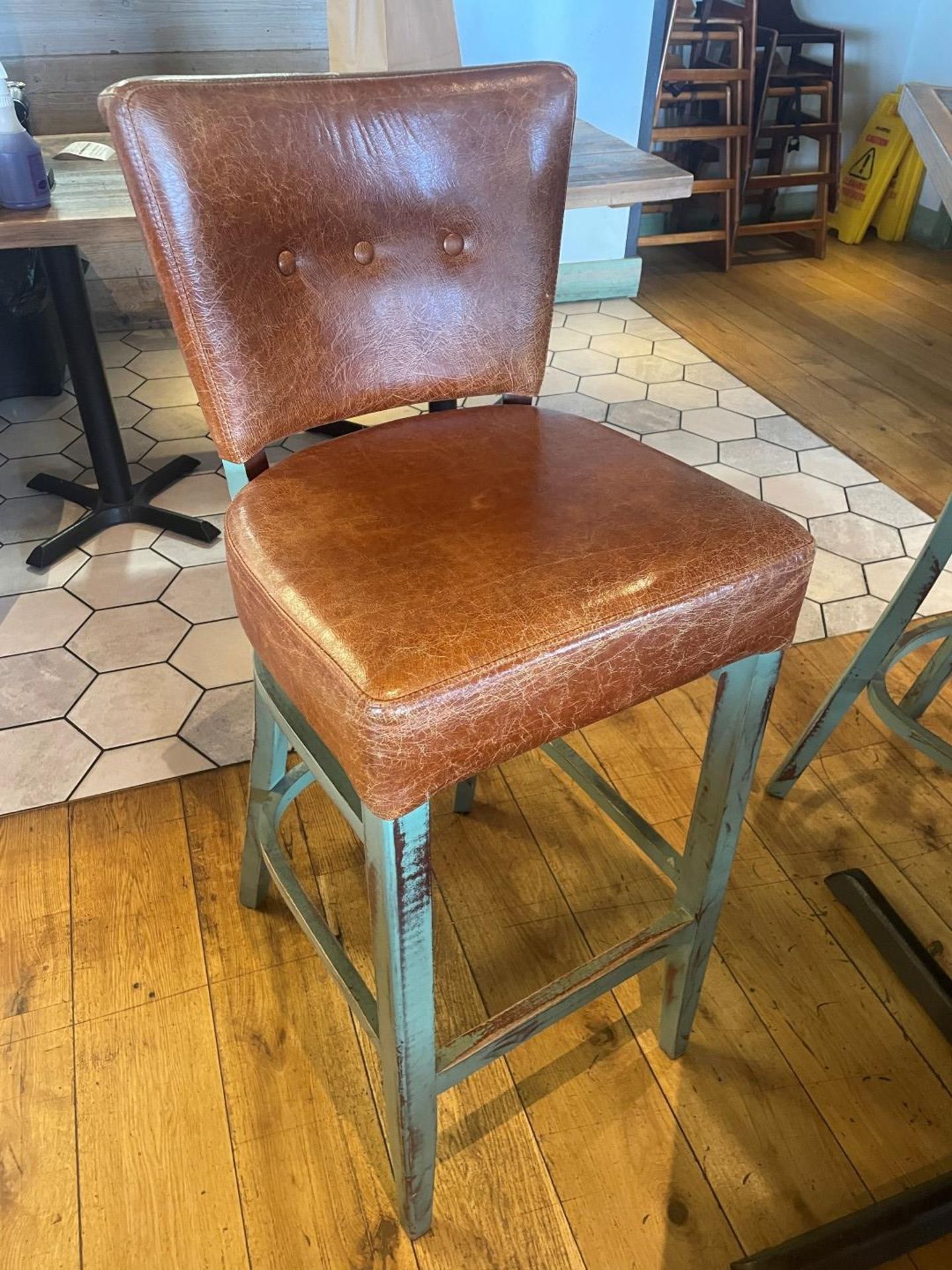 4 x Commercial Restaurant Bar Stools Featuring Wooden Frames With a Distressed Finish and Tan - Image 2 of 15