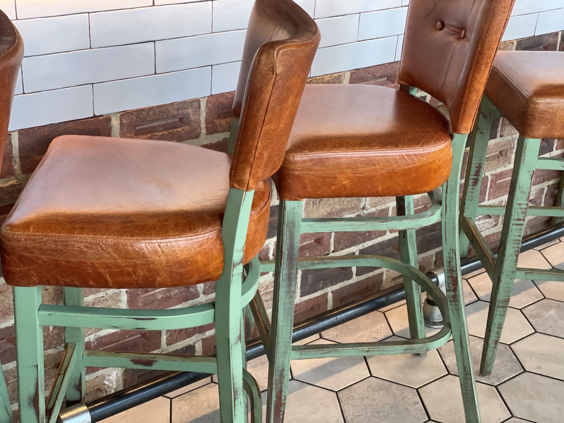 4 x Commercial Restaurant Bar Stools Featuring Wooden Frames With a Distressed Finish and Tan - Image 11 of 15