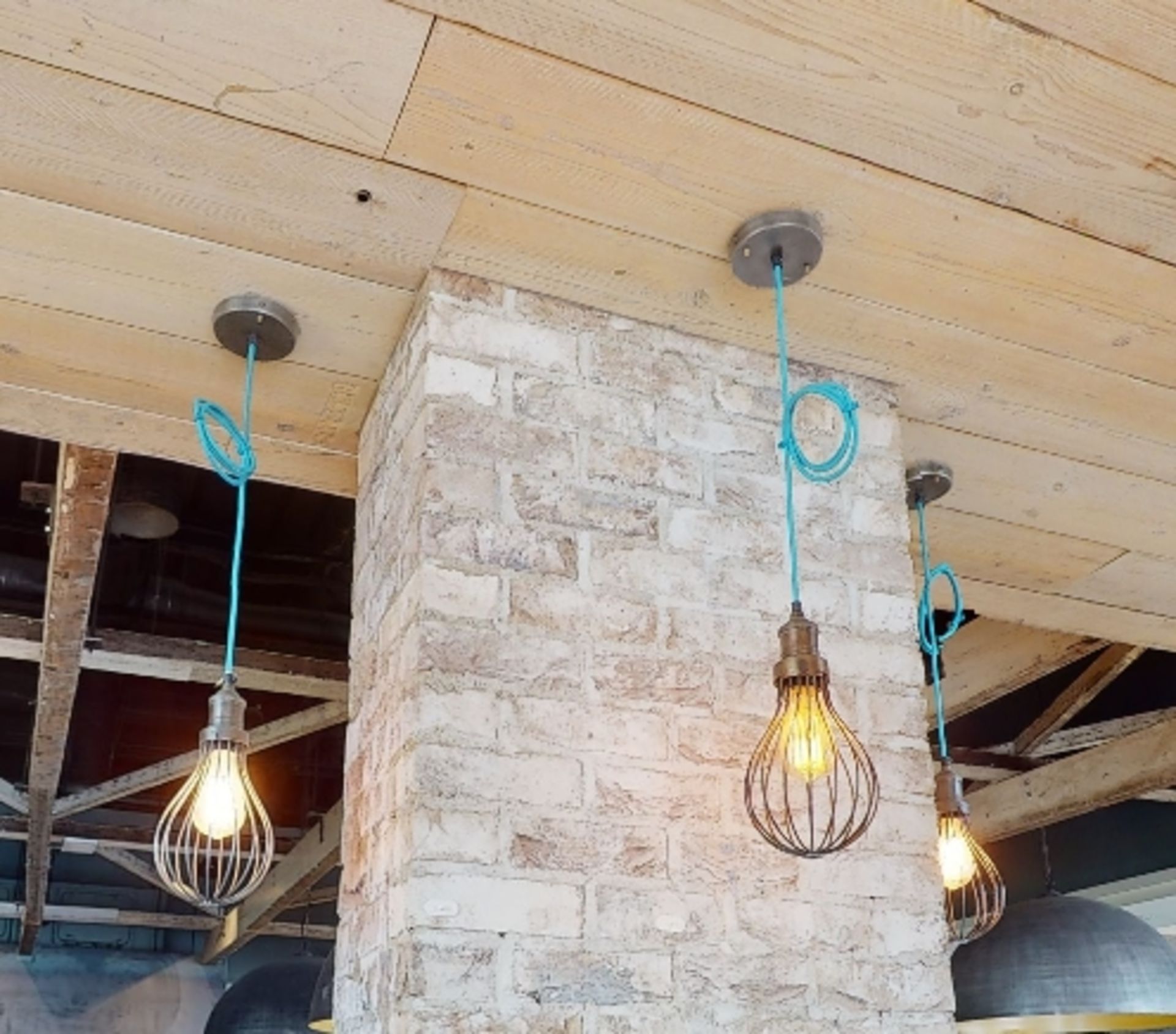 6 x Suspended Rope Lights With Blue Rope Cable, Antique Copper Cage Pendants and Ceiling Mounts - Image 5 of 7