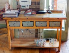 1 x Rustic Wood Console Server Unit With Undershelf and Four Vintage Style Draws - Dimensions: H x W