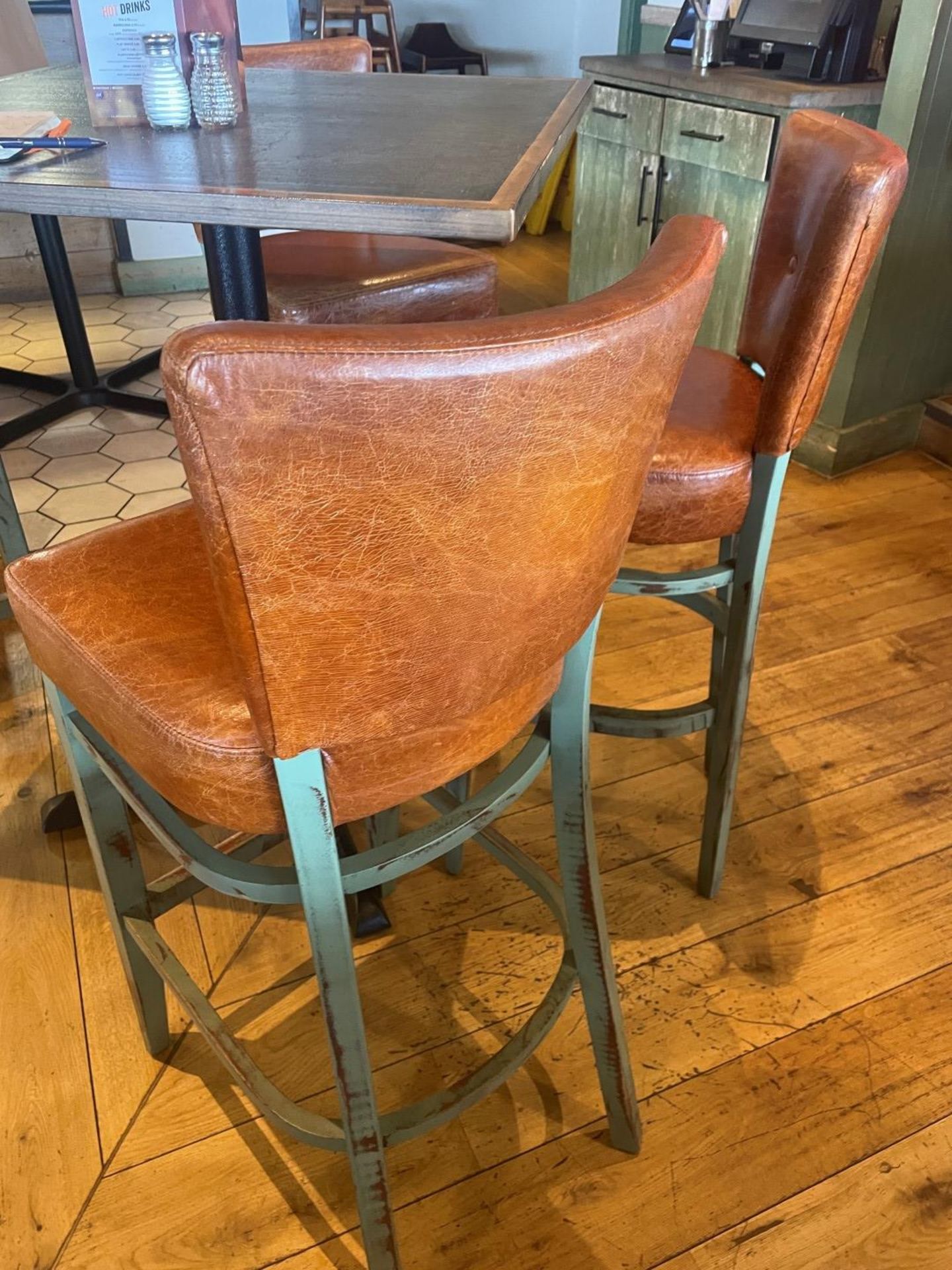 4 x Commercial Restaurant Bar Stools Featuring Wooden Frames With a Distressed Finish and Tan - Image 9 of 15