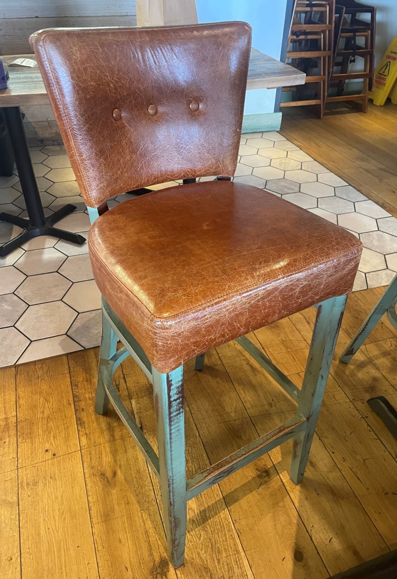 4 x Commercial Restaurant Bar Stools Featuring Wooden Frames With a Distressed Finish and Tan - Image 6 of 15