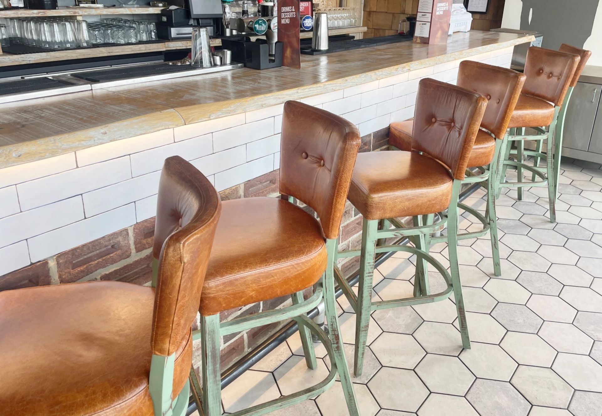 4 x Commercial Restaurant Bar Stools Featuring Wooden Frames With a Distressed Finish and Tan - Image 12 of 15