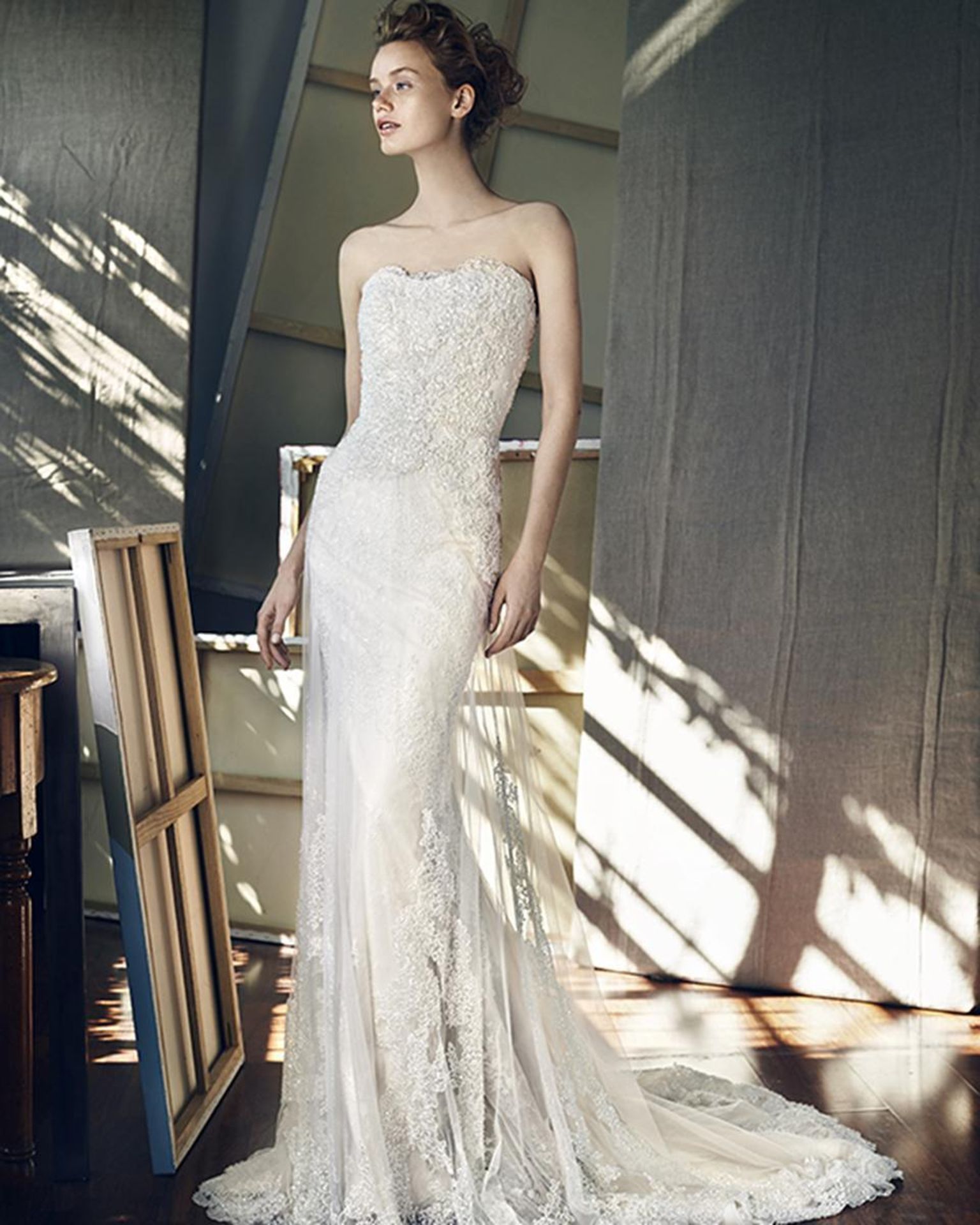 1 x LUSAN MANDONGUS Elegant Strapless Lace & Chiffon Fishtail Designer Wedding Dress RRP £1,950 UK12
